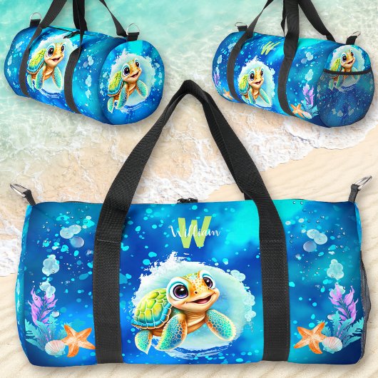 かわいいハッピートルボーイ海ブルーネーム ダッフルバッグ