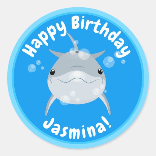 かわいいハッピードルフィンバブル漫画イラストレーション ラウンドシール (正面)