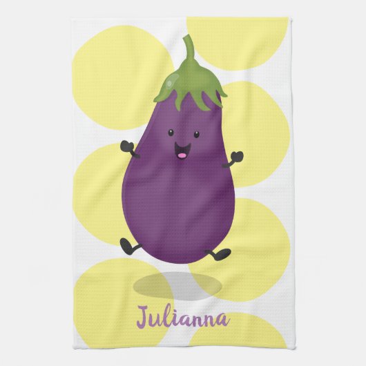 かわいいハッピーナスのナスの漫画イラストレーション キッチンタオル (縦)