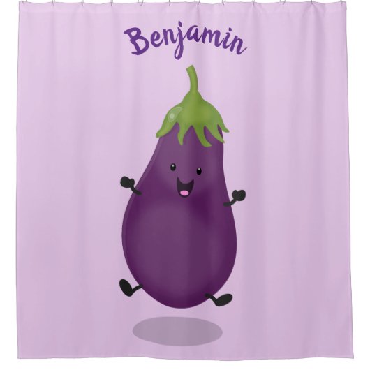 かわいいハッピーナスのナスの漫画イラストレーション シャワーカーテン (正面)