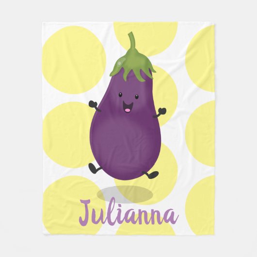 かわいいハッピーナスのナスの漫画イラストレーション フリースブランケット (正面)