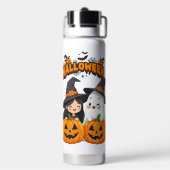 かわいいハッピーハロウィン魔女とカボチャの幽霊  ウォーターボトル (背面)