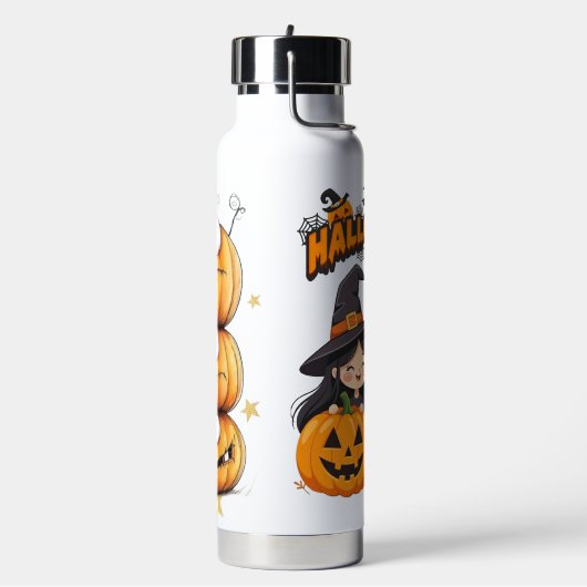 かわいいハッピーハロウィン魔女とカボチャの幽霊  ウォーターボトル (左面)