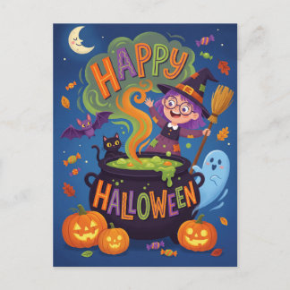 かわいいハッピーハロウィン魔女の釜ポストカード シーズンポストカード