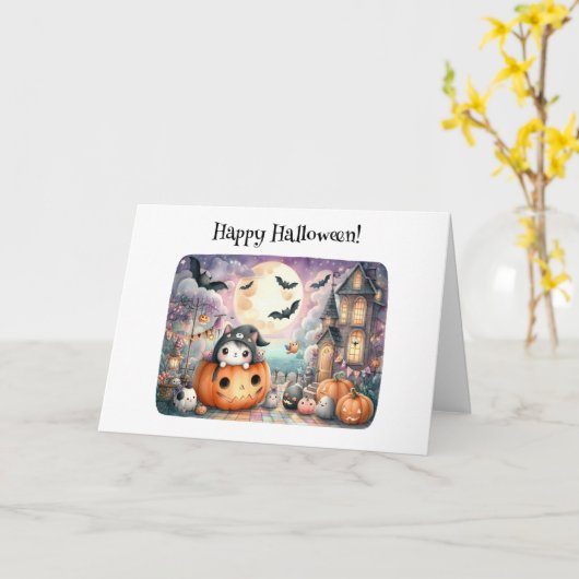 かわいいハッピーハローウィンかわいいグリーティング カード (黄色い花)