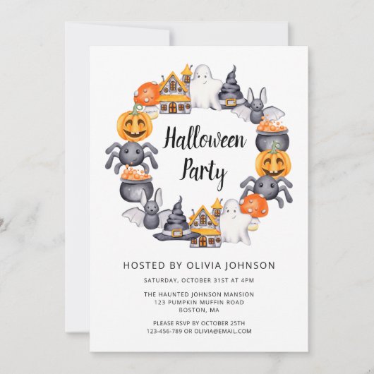 かわいいハッピーハローウィンイラストレーションパーティー 招待状 (正面)