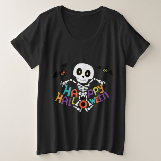 かわいいハッピーハローウィンスケルトン プラスサイズTシャツ (デザイン正面)
