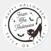 かわいいハッピーハローウィントリックオアトリートブラックキャットこうもり ラウンドシール (正面)