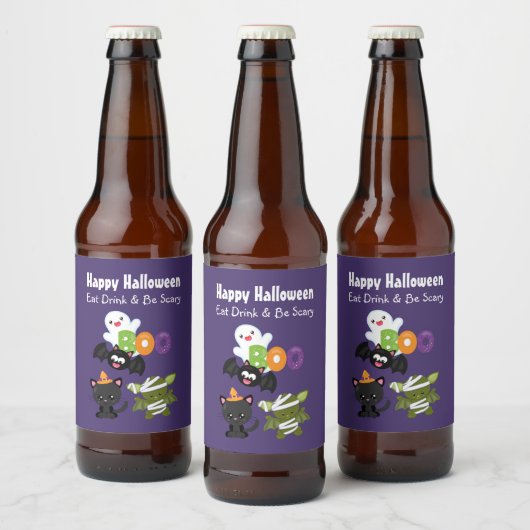 かわいいハッピーハローウィンネコ、こうもり、ミイラ&幽霊 ビールラベル (ボトル)