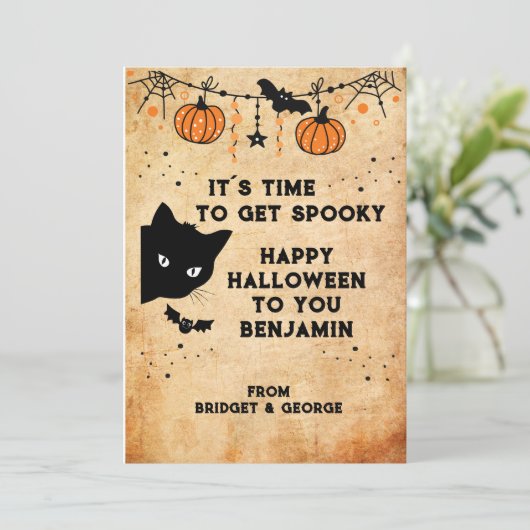 かわいいハッピーハローウィンブラック猫グリーティングカード (スタンド正面)