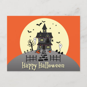 かわいいハッピーハローウィン幽霊のよく出るハウスハガキ ポストカード