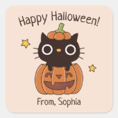 かわいいハッピーハローウィン黒猫カボチャのステッカー スクエアシール (正面)