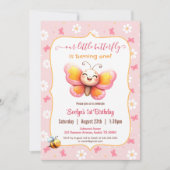 かわいいハッピーバタフライピンクフローラガール1st誕生日 招待状 (正面)