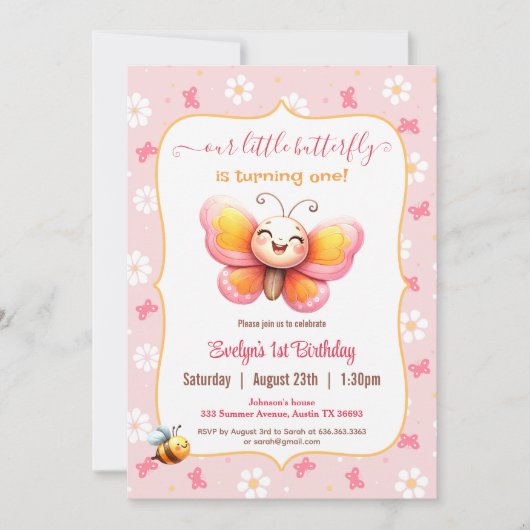 かわいいハッピーバタフライピンクフローラガール1st誕生日 招待状 (正面)