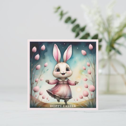 かわいいハッピーバニーガールウォーター色イースターカード カード (スタンド正面)