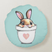 かわいいハッピーバニー 植物の鉢の中 ライトブルー ラウンドクッション (裏面)
