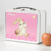 かわいいハッピーバニー、花とピンクの星 メタルランチボックス (インサイチュ)