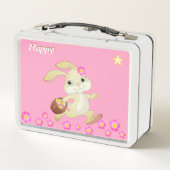 かわいいハッピーバニー、花とピンクの星 メタルランチボックス (裏面)