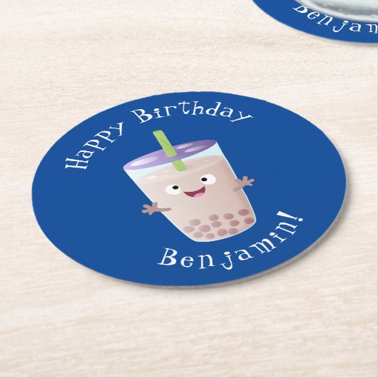 かわいいハッピーバブルティーボバ漫画のキャラクター ラウンドペーパーコースター (アングル)