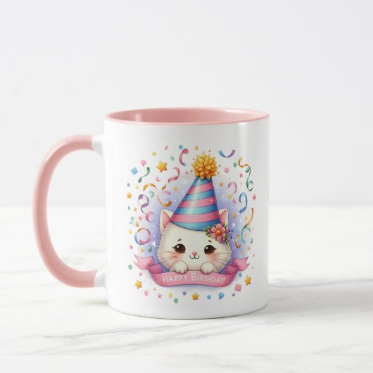 かわいいハッピーバースデーの名前を猫に追加 マグカップ (左)