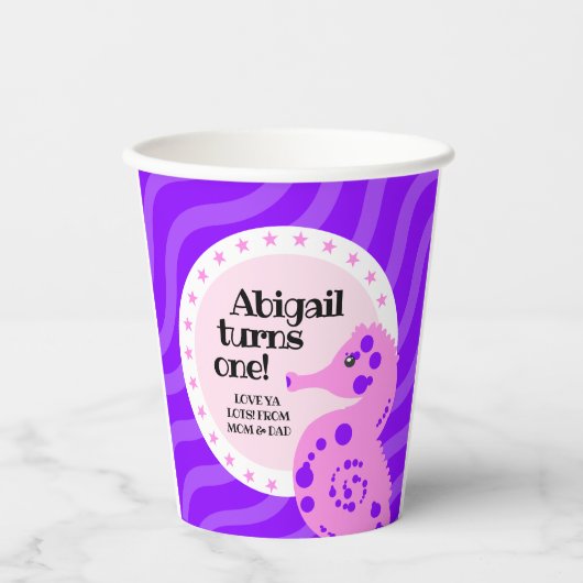 かわいいハッピーバースデーガールピンクシーホースon波 紙コップ (正面)