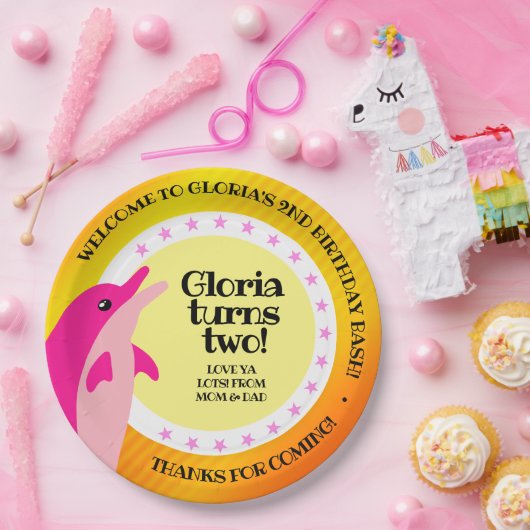 かわいいハッピーバースデーガールピンクドルフィンザサン ペーパープレート (パーティー)