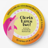 かわいいハッピーバースデーガールピンクドルフィンザサン ペーパープレート (正面)