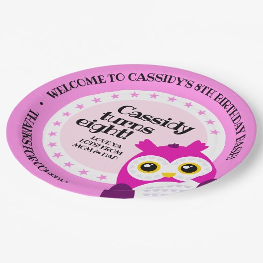 かわいいハッピーバースデーガールピンクフクロウ ペーパープレート (アングル)