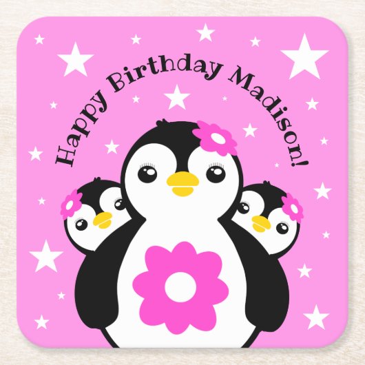 かわいいハッピーバースデーガールペンギンピンク色の花 スクエアペーパーコースター (正面)