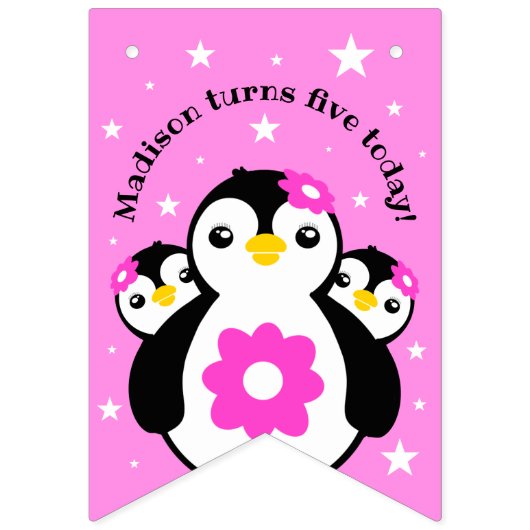 かわいいハッピーバースデーガールペンギンピンク色の花 バンティングフラッグ (第1の旗)