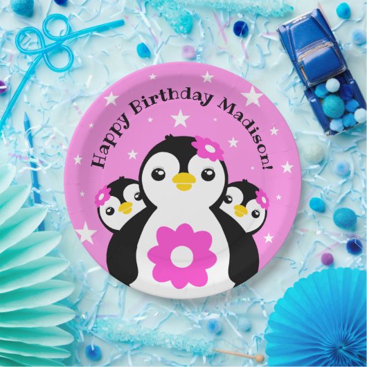 かわいいハッピーバースデーガールペンギンピンク色の花 ペーパープレート (パーティー)