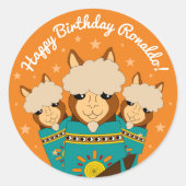 かわいいハッピーバースデーボーイアルパカスインティール(緑がかった色)セラペ ラウンドシール (正面)