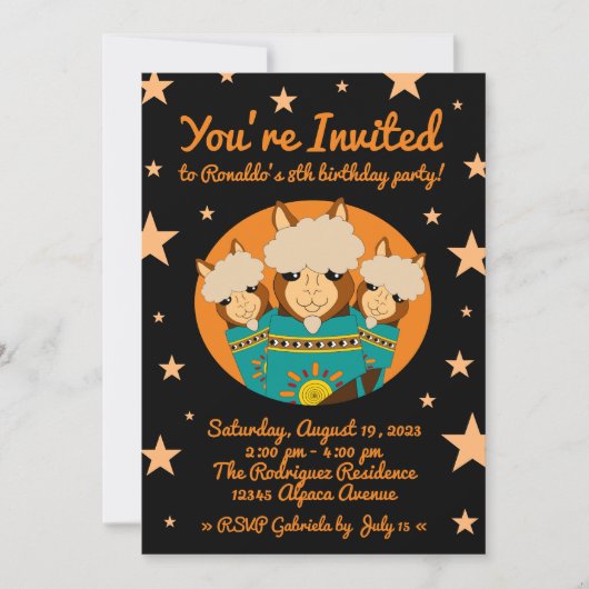 かわいいハッピーバースデーボーイアルパカスインティール(緑がかった色)セラペ 招待状 (正面)