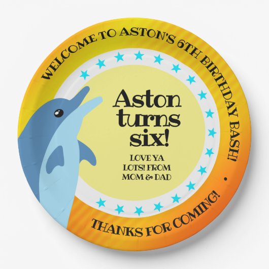 かわいいハッピーバースデーボーイドルフィンインザサン ペーパープレート (正面)