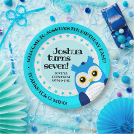 かわいいハッピーバースデーボーイブルーフクロウ ペーパープレート