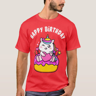 かわいいハッピーバースデーユニコーンとケーキの子供たち女の子 Tシャツ