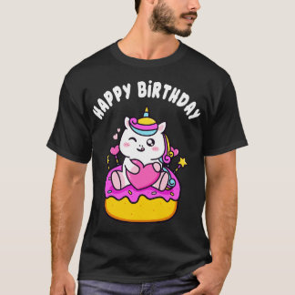かわいいハッピーバースデーユニコーンとケーキの子供たち女の子 Tシャツ