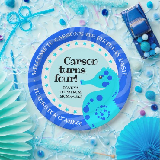 かわいいハッピーバースデー少年青いウミウマ波 ペーパープレート (パーティー)