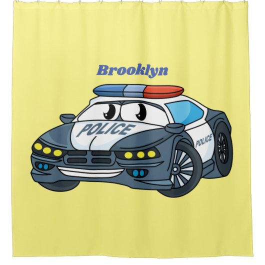 かわいいハッピーパトカー漫画イラストレーション シャワーカーテン (正面)
