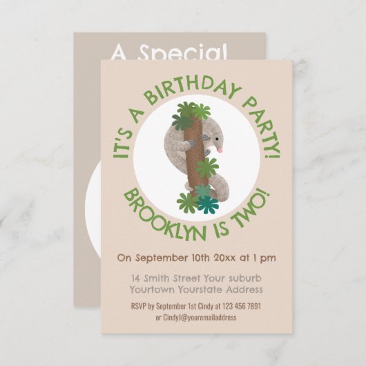 かわいいハッピーパンゴリンアンテーターパーソナライズされた誕生日 招待状 (正面/裏面)