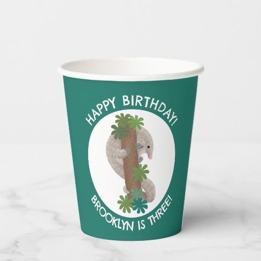 かわいいハッピーパンゴリンアンテーターパーソナライズされた誕生日 紙コップ (裏面)