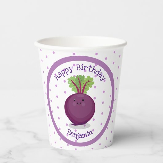 かわいいハッピーパープルビート漫画イラストレーション 紙コップ (正面)