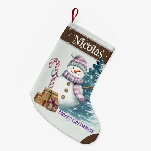 かわいいハッピーパープル雪だるまとプレゼント スモールクリスマスストッキング (正面 (吊り時))