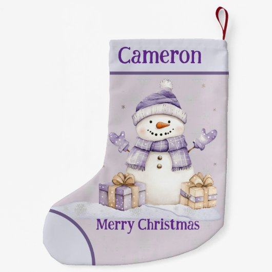 かわいいハッピーパープル雪だるまプレゼントメリークリスマス スモールクリスマスストッキング (裏面)