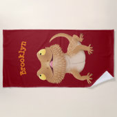 かわいいハッピーヒゲのドラゴントカゲ漫画ビーチへ ビーチタオル (正面)