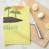 かわいいハッピーヒマワリ笑い漫画イラストレーション キッチンタオル (四つ折り)