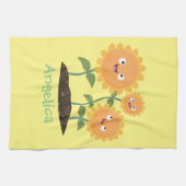 かわいいハッピーヒマワリ笑い漫画イラストレーション キッチンタオル (横)