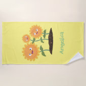 かわいいハッピーヒマワリ笑い漫画イラストレーション ビーチタオル (正面)