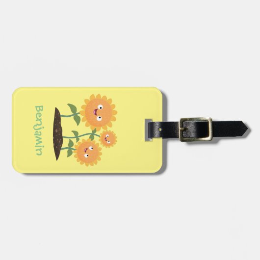 かわいいハッピーヒマワリ笑い漫画イラストレーション ラゲッジタグ (正面横)