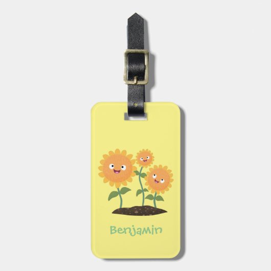 かわいいハッピーヒマワリ笑い漫画イラストレーション ラゲッジタグ (正面縦)